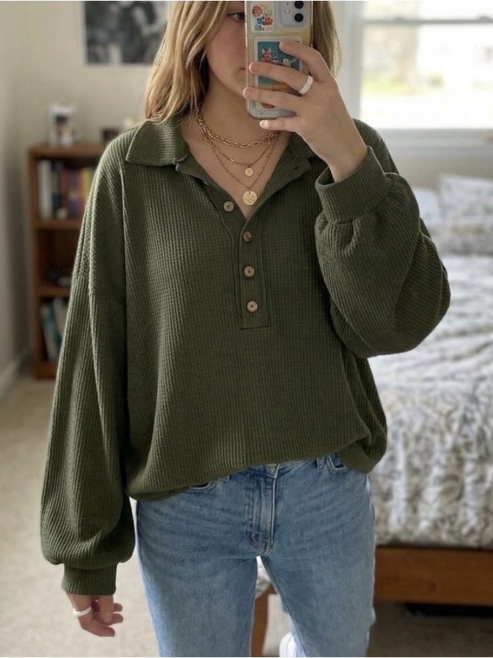 Oversized Waffle Knit Henley Button Up Polo Top - Olive Green Size XL